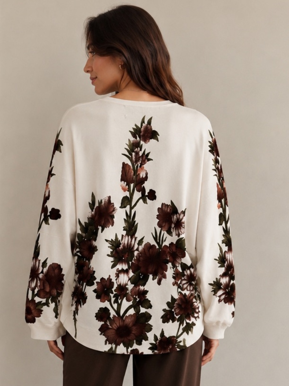 Aleeza Paris Oversized Cream Floral Pullover Sweater with Brown Blooms - Picture 2 of 4